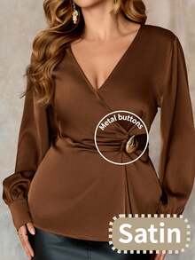 Roveilla Plus Size Women's French Elegant Luxurious Chic Christmas Party Minimalist High-End Casual Vacation Workwear Vintage Style Comfortable Solid Satin Crossover V-Neck Waist Ruched Metal Decor Button Back Elastic Cuff Long Sleeve Blouse Brown Blouses Curvy Blouses Coffee Brown Top Chocolate Brown Top Sexy Blouses Brown Long Sleeve Top - Brown - View 4