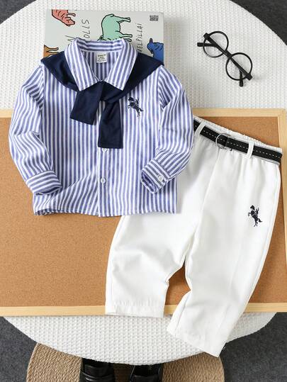 4pcs Baby Boy Autumn/Winter Set: Blue & White Striped Short Shirt, Navy Cape, White Trousers With Jacquard Belt, Casual & Versatile Outfit Suitable For Birthday Party, Christening, 1st Birthday Celebration, Evening Party, Performance, Wedding And Other Occasions