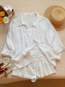 Comfortcana Spring White Solid Batwing Sleeve Shirt