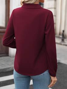 Elenzga Women's Casual Solid Color Button-Up Long Sleeve Shirt, Suitable For Commuting - Burgundy - View 2