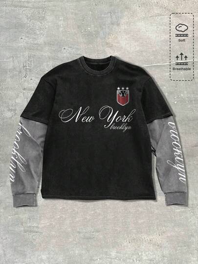 Goth Herren Langarm Lässig T-Shirt mit Buchstaben-Muster, 2-in-1