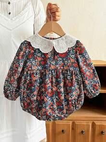 LMoss Kids LMossCute Baby Girl Patchwork Peter Pan Collar Long-Sleeved Floral Bodysuit,Suitable For Wearing At Home Or To Parties - Green - View 5