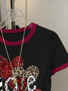 Resyla Women's Heart Pattern Round Neck Contrast Color Short Sleeve T-Shirt - Black - View 5