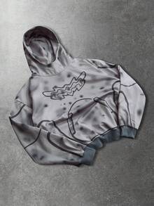 ROMWE MEN Grunge Punk Men's Street Style Punk Casual Printed Long Sleeve Hoodie - Grey - View 5