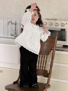 DAZY 女婴/幼儿可爱荷叶边长袖衬衫，春夏款 - 白色 - 查看 4