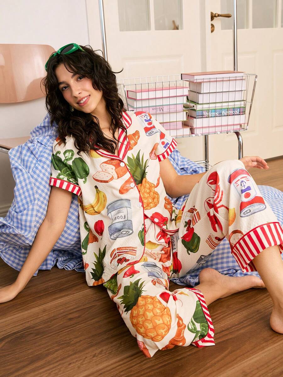 Chillnights 水果食物印花撞色条纹领短袖女士睡衣套装 - 彩色 - 查看 1
