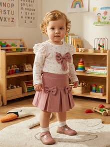 SHEIN 春秋季女婴甜美波点荷叶袖上衣+蝴蝶结装饰百褶裙套装，面料柔软亲肤，可爱公主风，适合日常外出和家庭聚会，蝴蝶结设计，适合6个月至3岁的婴幼儿，理想的秋季套装 - 粉色 - 查看 10