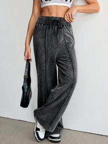 SHEIN Tall 女士高腰宽松喇叭运动裤，做旧黑灰色，秋冬款 - 灰色 - 查看 6