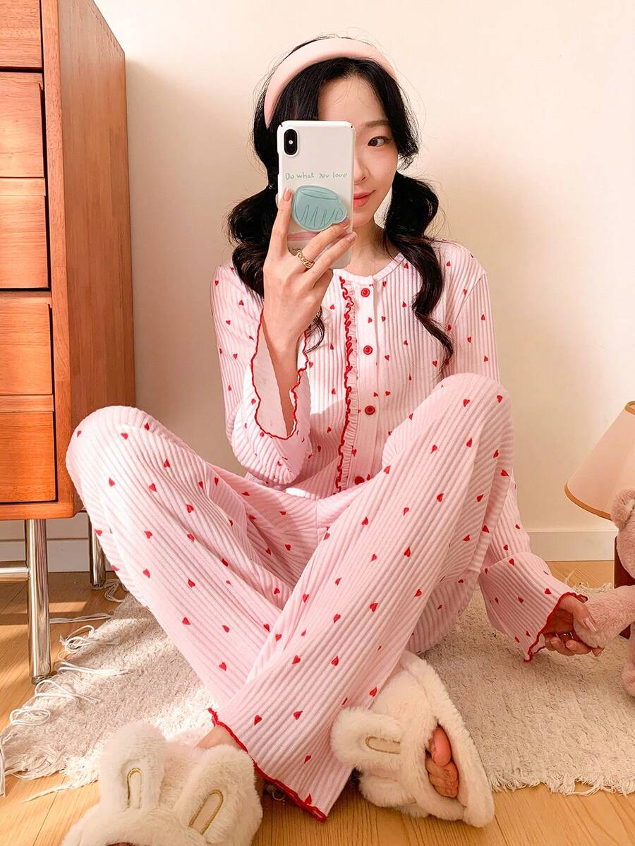 少女心形印花长袖开衫和裤子睡衣套装 - 彩色 - 查看 1