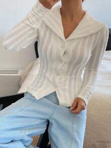 DAZY قميص كاجوال بأكمام طويلة وياقة للنساء من قماش ذو ملمس نسيجي وقصة ضيقة - بيج - مشاهدة 4
