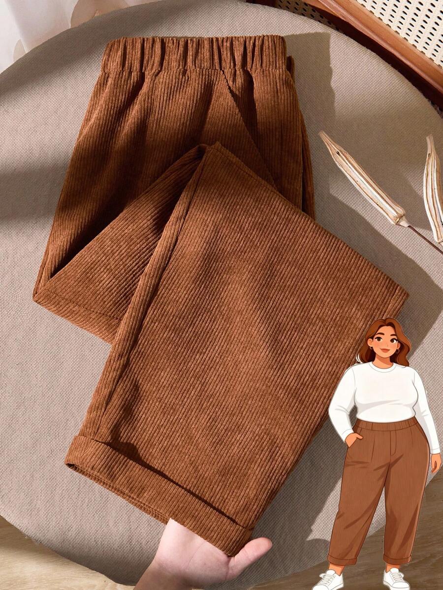Rusticease Pantalon en velours côtelé de couleur unie marron avec poches pour femmes grandes tailles, automne/hiver, sortie, nouveauté 2025, simple et pour un port quotidien, Noël - Tabac - Voir 1