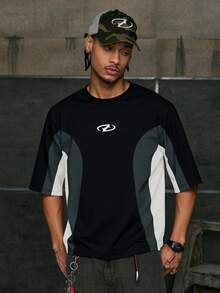 AXEPEAK Multi-Size Patchwork Round Neck Men's T-Shirt - Black - View 7