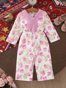 Pelele de manga larga con estampado floral morado y cuello y puños con encaje para bebé niña, primavera/verano - Multicolor - Ver 5