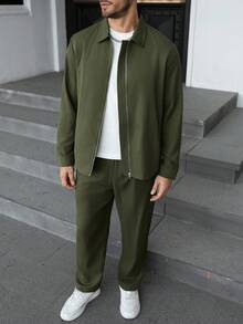 Manfinity CasualCool Men's 2 Piece Set Army Green,Autumn,Smart Casual,Work Solid Color Collar Zip-Up Jacket & Drawstring Pants Casual Commuter Sweatsuits Outfit Streetwear - Army Green - View 4