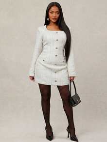 Radiana 女士优雅白色金属光泽斜纹软呢修身连衣裙，长袖方领连衣裙，时尚商务装，适合约会、聚会、生日、派对、通勤、正式场合 - 白色 - 查看 3