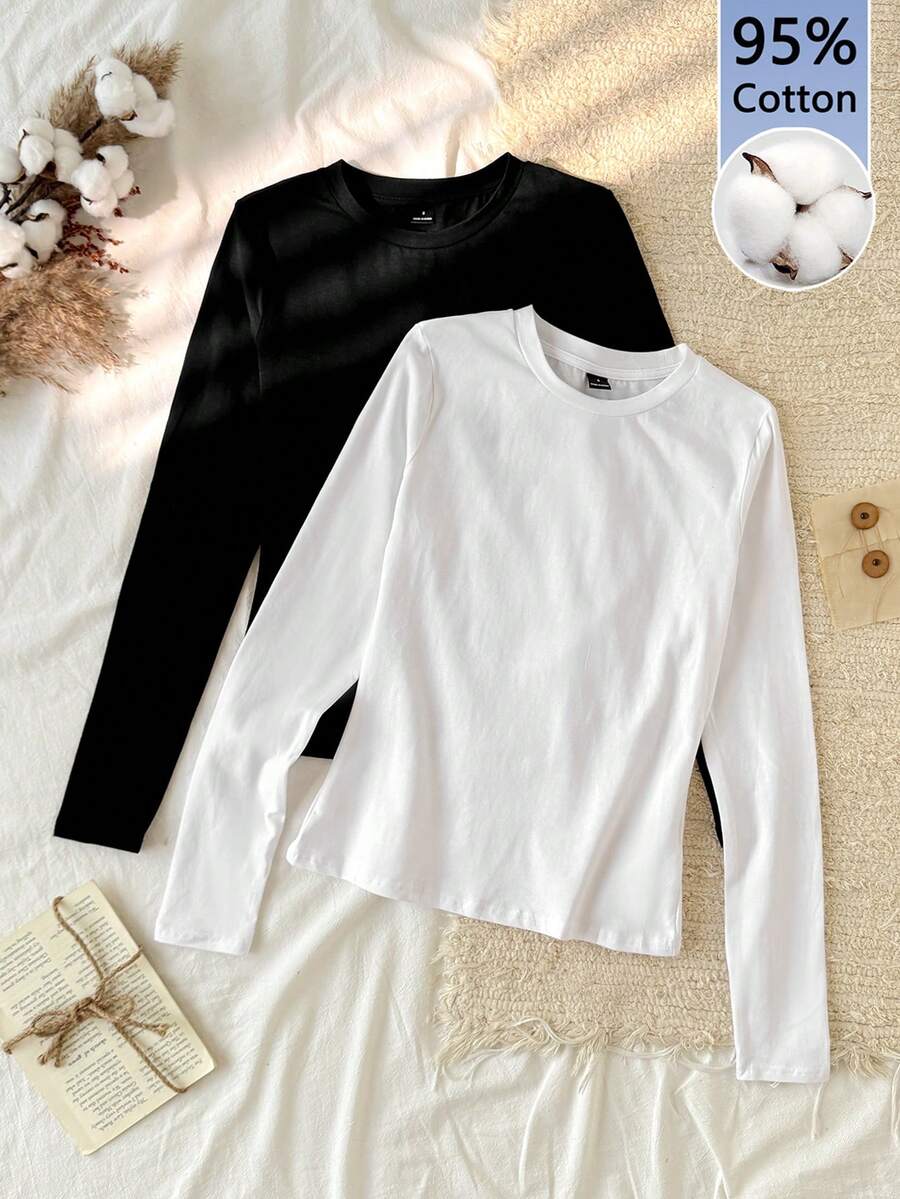 Tseoso 2件黑白休闲长袖修身长T恤套装，适合秋冬季