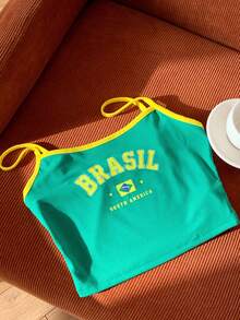 SHEIN EZwear 字母图案撞色包边吊带背心足球衫 - 綠色 - 查看 7