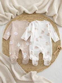 Newborn Baby Boy Knitted Crew Neck Long Sleeve Footed Pants 2-Piece Outfit, Cloud & Cute Bear Pattern, Autumn/Winter Pajamas Set - Multicolor - View 2