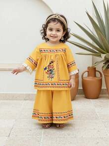 SHEIN 2pcs/Set Baby Girls' Casual Pattern Print Top And Pants Set, Suitable For Spring/Summer, Home, Outdoor, Holiday, Party, Daily Wear - Multicolor - View 11