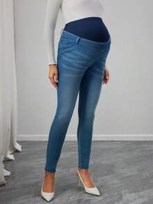 Momance 弹力舒适修身孕妇牛仔裤，百搭休闲日常穿着 - 淺色水洗藍 - 查看 4