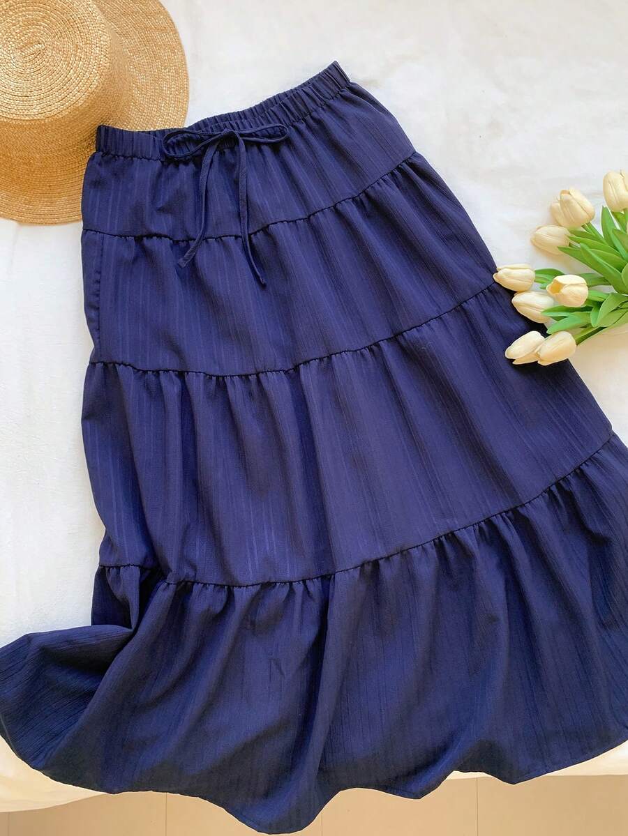 Comfortcana Váy chữ A xếp ly lưng thấp họa tiết màu trơn đơn giản cho nữ - Màu xanh hải quân - Xem 1