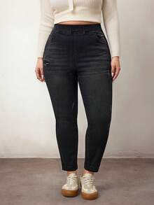 Enliva Plus Size Distressed Slim Fit Washed Denim Jeans/2026 /New Year - Black - View 3