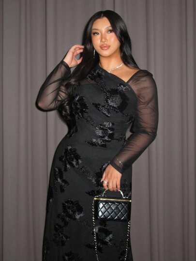 Firerie Plus Size Women's Elegant Minimalist Chic Fashion Basic Everyday Wear Ins Style Office Commute Influencer Music Festival Embroidered Stretch Mesh Asymmetrical Neck Ruched Bodycon Slim Fit Long Sleeve Maxi Dress/New Year