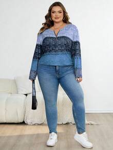 SHEIN CURVE+ Áo thun cổ bẻ màu nâu Giáng sinh cỡ lớn dành cho nữ, áo thun chủ đề Giáng sinh dành cho nữ, quần áo thu/đông cỡ lớn - Màu xanh lam - Xem 6