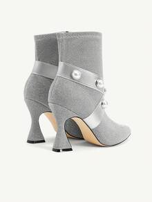 CUCCOO CHICEST Women's Fashionable & Elegant Pearl Embellished High Heel Ankle Boots For Christmas - Silver - View 11