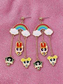 THE POWERPUFF GIRLS X SHEIN Hoa tai xích họa tiết hoa, bong bóng, hoa mao lương dễ thương, thích hợp cho nhiều bữa tiệc, buổi hòa nhạc/lễ hội - Vàng - Xem 2
