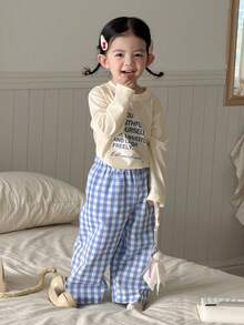 DAZY 2pcs Baby Girls' Casual Letter Print Short Sleeve Top And Plaid Pants Homewear Set