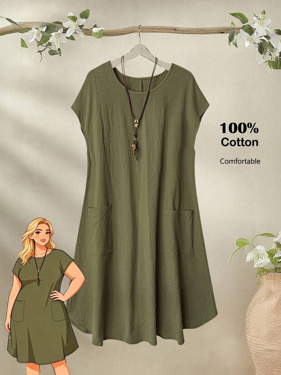 Rusticease 大码女式夏季休闲度假圆领短袖纯色军绿色口袋连衣裙 - 軍綠色 - 查看 1
