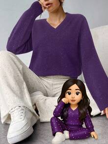 Firerie Women's Purple V Neck Drop Shoulder Sweater Casual Plain Rib-Knit Pullover Knitwear - Purple - View 1