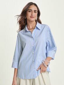 CAJUNI 女式条纹七分袖单排扣休闲宽松衬衫 - 藍色 - 查看 8