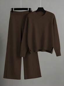EMERY ROSE 女士优雅宽松长袖系腰针织衫裤套装，大码，适合外出、派对、婚礼宾客等场合，秋冬季 - 咖啡棕 - 查看 1