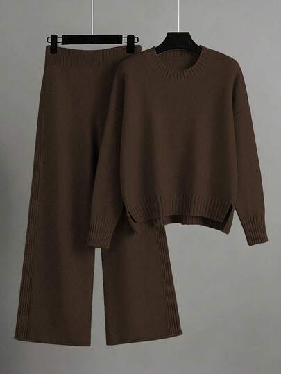 EMERY ROSE Women's Elegant Loose Long Sleeve Tie-Waist Knit Sweater And Pants Set, Plus Size, Suitable For Outings, Parties, And Wedding Guests, Autumn/Winter Brown Set Women Sweater Set Comfortable Two Piece Set Brown Two Piece Set