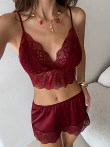 Aloruh Bộ đồ ngủ ren vá màu trơn và quần short thanh lịch - Màu Đỏ Sâu - Xem 7