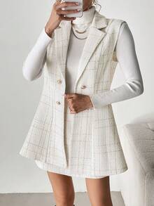 Elyressa 2pcs Women Set: Tweed Fabric Vest + A-Line Mini Skirt, Elegant Commuting Outfit - White - View 5