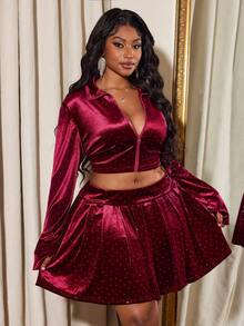 Truni Plus Size Women Velvet Zip-Up Top & Mini Skirt 2 Pieces Set, Casual & Fashionable, For Pear Triangle Body Shape - Red - View 2