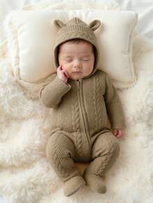 SHEIN Unisex Baby Hooded Jumpsuit, Soft & Comfortable, Long Sleeve, Zipper Closure, Adorable For Spring/Autumn Fall Winter