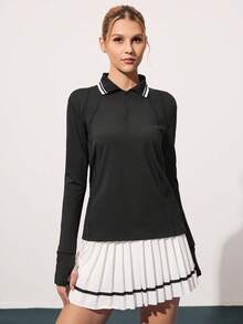CourtClass Áo thun polo thể thao dài tay kẻ sọc có khóa kéo dành cho nữ, màu đen - màu đen - Xem 6