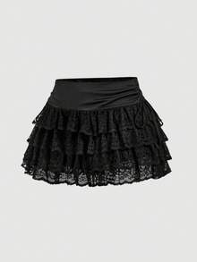 SHEIN MOD 女士黑色多层蝴蝶结褶皱迷你裙，春夏款，情人节款，优雅款，度假装，夏季女装，春季款，夏季假期，派对款，海滩款，夏季假日款，Y2K风格，黑色半身裙，毕业典礼款，优雅款，度假款 - 黑色 - 查看 4