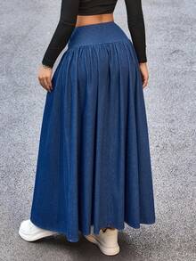 Flexra Women's Solid Color Pleated Fashionable Versatile Long Denim Skirt - Blue - View 2