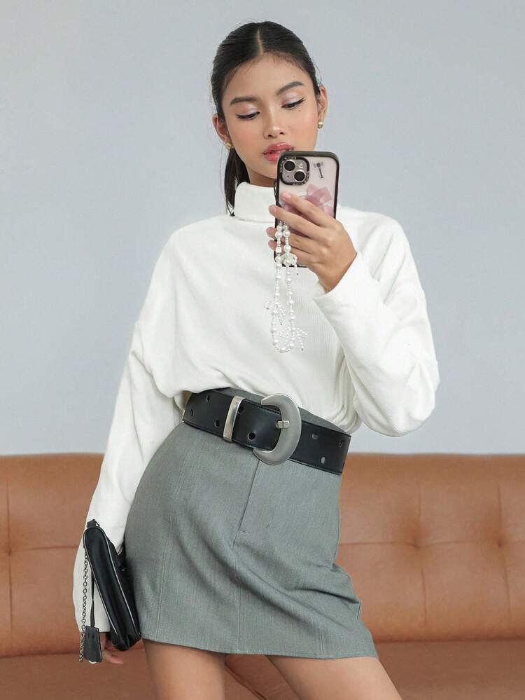Teen Girl Solid Color High Neck Dropped Shoulder Long Sleeve Casual Loose T-Shirt