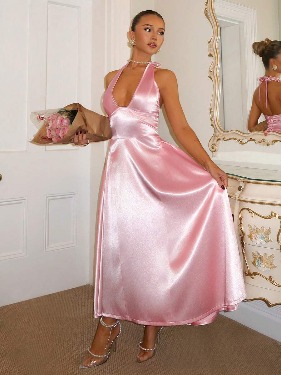 Glamine Damen einfarbiges Satin Abendkleid, elegantes Damen Kleid mit V-Ausschnitt und ärmellos, ausgestellter Damenkleider, Damenbekleidung für Geburtstag, Sommer, Valentinstag, rosa Seidenkleid, rosa Satinkleid, Bodenlanges Kleid, Abendkleid, Partykleid, elegantes Abendkleid, Ausgehkleid, Belle elegantes Kleid, Damen Abendkleid - Pink - Übersicht 1