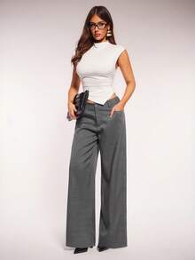 Radiana Women's Minimalist Fashion Dark Grey Low Waist Loose Wide Leg Suit Pants, Commuter Pants, Low Waist Trousers, Low Waist Suit Pants, Grey Suit Pants, Grey Wide Leg Pants, Grey Trousers, Woven Fabric Casual Pants - Dark Grey - View 1