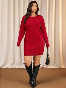 Elaquor Plus Size Women's Solid Color Bowknot Decor Long Sleeve Fashionable Knitted Dress,/Christmas Red Spring