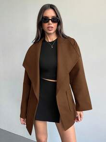 Aloruh Women's Long Sleeve Twist Waist Design Asymmetric Hem Fashionable Versatile Wool Blend Coat, Autumn/Winter - Brown - View 7