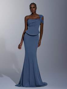 Elitara Elegant, Romantic, Fashionable, Dignified, Military Green, Stretchy Fabric, Waist-Cinching 2 In 1, Strapless, Mermaid Hem, Trailing, Stylish, Festival, Vacation, Birthday Party, Wedding Event, Formal Gala Dress (Luxury Edition) - Dusty Blue - View 1