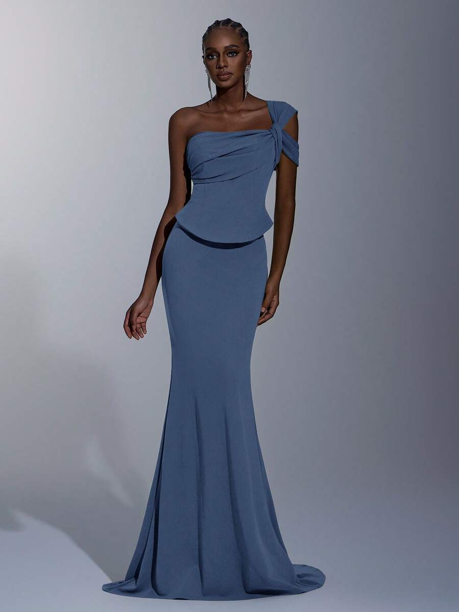 Elitara Elegant, Romantic, Fashionable, Dignified, Military Green, Stretchy Fabric, Waist-Cinching 2 In 1, Strapless, Mermaid Hem, Trailing, Stylish, Festival, Vacation, Birthday Party, Wedding Event, Formal Gala Dress (Luxury Edition) - Dusty Blue - View 1